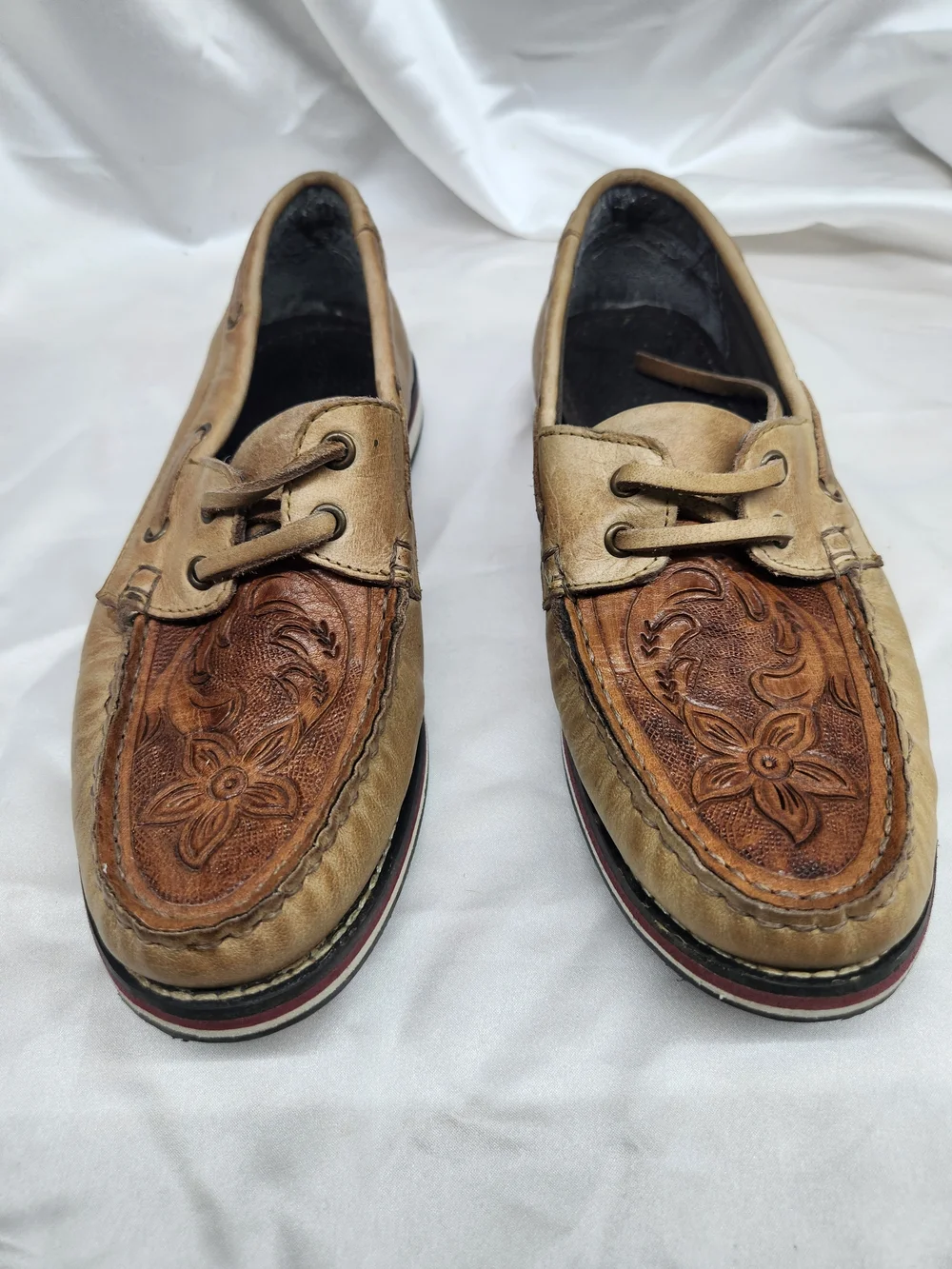 Roper Two-Tone Floral Embossed Leather Boat Shoes - Tan/Brown